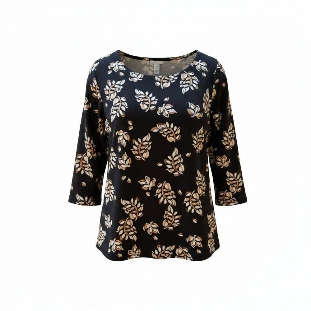 Croft & Barrow Womens 1X Black Leaf Print Boat Neck 3/4 Sleeve Cotton Top Shirt
